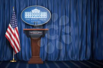 Podium speaker tribune with USA flags and sign of White House with space for text.  Briefing of president of US United States in White House.Politics concept. 3d illustration