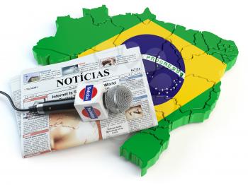 Brazilian news, press and  journalism concept. Microphone and newspaper with headline Noticias (portugal for: news)on the map in colors of the flag of Brazil. 3d illustration