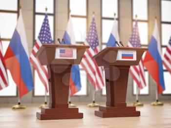 Flags of the USA and Russia and tribunes at international meeting or conference. Relationship between China and Russia concept. 3d illustration
