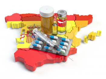Health, healthcare, medicine and pharmacy in Spain concept. Pills, vials and syringe on the map of Spain isolated on white background. 3d illustration