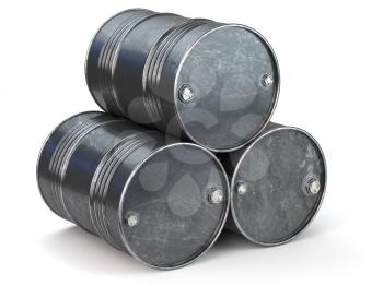 Black metal oil barrels isolated on white background. Oil and petroleum industry. 3d illustration