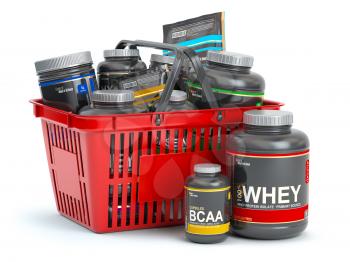Sports  nutrition (supplements) for bodybuilding in shopping basket isolaed on white. Whey proteinand bcaa . 3d illustration