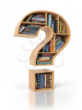 Searching information or FAQ concept. Bookshelves with books and textbooks in the shape of question mark, 3d illustration