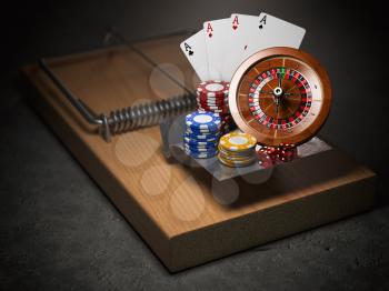 Gambling addiction concept. Mousetrap with casino roulette, chips, dice and playing cards. 3d illustration