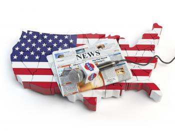 News of USA, press and  journalism concept. Microphone and newspaper on the map in colors of the flag of USA. 3d illustration