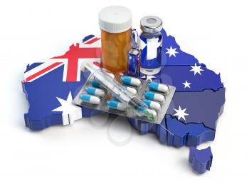 Health, healthcare, medicine and pharmacy in Australia concept. Pills, vials and syringe on the map of Australia isolated on white background. 3d illustration