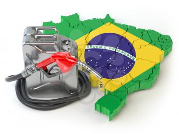 Gasoline and petrol consumption and production in Brazil. Map of Brazil with jerrycan and gas pump nozzle. 3d illustration