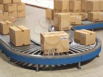 Cardboard boxes on conveyor roller in distribution warehouse, Delivery and packaging service concept. 3d illustration