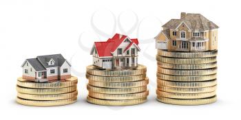 Different size houses with different value on stacks of coins. Concept for property, mortgage and real estate investment.  3d illustration