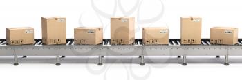 E-commerce, delivery and packaging service concept. Cardboard boxes on conveyor line isolated on white background. 3d illustration