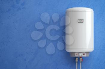 Electric boiler, water heater on the blue wall. 3d illustration