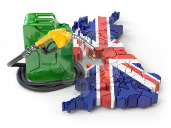 Gasoline and petrol consumption and production in UK Great Britain. Map of UK Great Britain with jerrycan and gas pump nozzle. 3d illustration