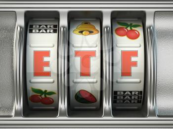 ETF exchange traded fund as jackpot on a slot machine, Successful and profitable investments concept. 3d illustration