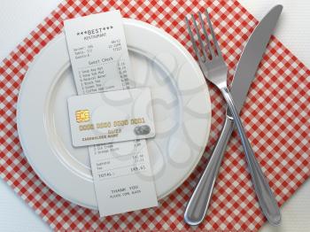 Restaurant  receipt bill  for payment by credit card on the plate, Mock up. 3d illustration