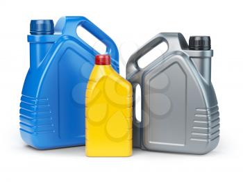 Different types of plastic canisters of motor oil on white isolated background. 3d illustration