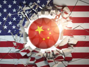 China and USA  tariff war and trade problem concept. Demolition ball in colors of China flag break a wall in colors of USAflag. 3d illustration