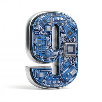 Number 9 nine. Alphabet in circuit board style. Digital hi-tech letter isolated on white. 3d illustration