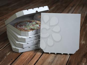 Pizza boxes on vintage wooden planks. Mock up. 3d illustration