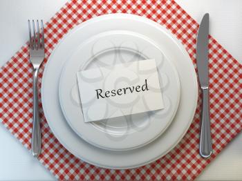 Reserved card on a restaurant table setting. Top view. Mock up. 3d illustration