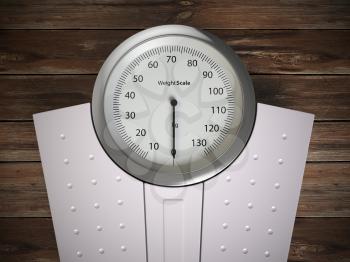 Analog weight scale on wood floor. 3d illustration