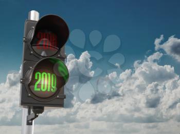 Happy new year 2019. Traffic light with green light 2019 on sky background. 3d illustration
