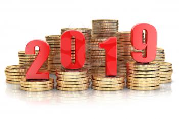 2019 New year on coins stack. Business success, prosperity and wallfare in new year concept. 3d illustration