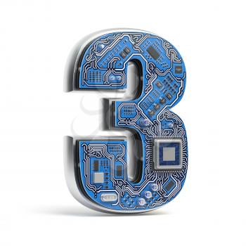 Number 3 three, Alphabet in circuit board style. Digital hi-tech letter isolated on white. 3d illustration