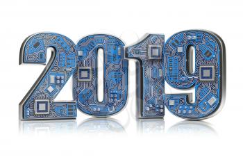 2019 on circuit board or motherboard with cpu isolated on white. Computer technology and internet commucations concept. Happy new 2019 year.3d illustration