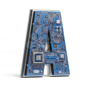 Letter A, Alphabet in circuit board style. Digital hi-tech letter isolated on white. 3d illustration