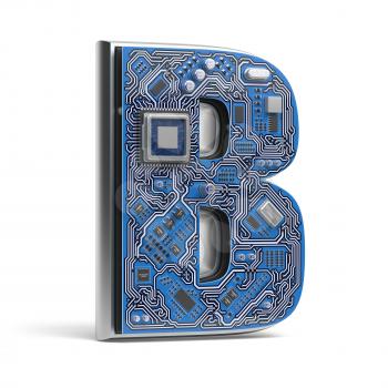 Letter B, Alphabet in circuit board style. Digital hi-tech letter isolated on white. 3d illustration