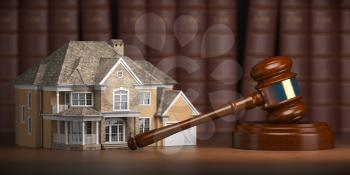 House with gavel and law books.  Real estate law and house auction concept. 3d illustration