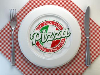 Pizza text on the plate in italian restaurant. Top view. 3d illustration