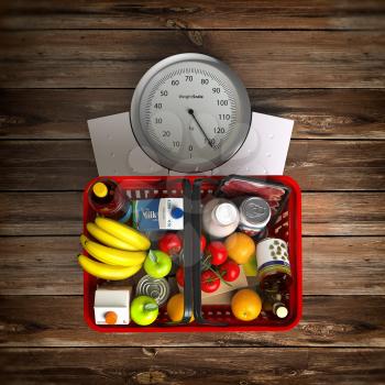 Groceries in a shopping basket on weight scale. Overnutrition, malnutrition, overconsumption and diet concept. 3d illustration