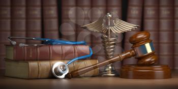Gavel, stethoscope and caduceus sign on books background. Mediicine laws and legal, medical jurisprudence. 3d illustration