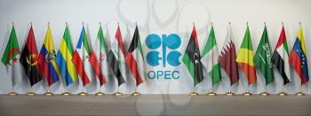OPEC. Symbol and flags of OPEC countries. 3d illustration