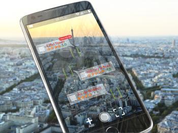 Augmented reality travel application concept.  Mobile smart phone check relevant information about landmars attractions of Paris. 3d illustration
