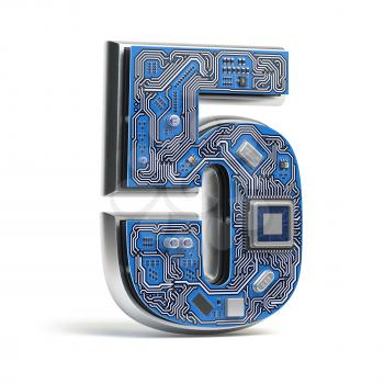 Number 5  five, Alphabet in circuit board style. Digital hi-tech letter isolated on white. 3d illustration