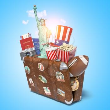 Trip or travel to New York and USA concept. National and cultural symbols of United States in the vintage suitcase, 3d illustration
