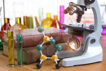 Microscope with alboratory equipmente flasks and vials. Chemistry, biotecnology education concept. 3d illustration