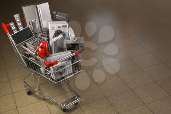 Household appliances in the shopping cart. E-commerce or online shopping concept. 3d illustration