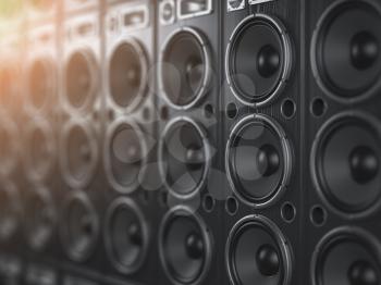 Audio  sound speaker system. Black loudspeakers in a row with DOF effect. Music club background. 3d illustration