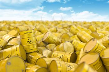 Storage and utilization of nuclear radioactive waste concept background. Heap of yellow barrels with radioactive sign. 3d illustration