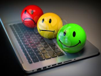 Customer satisfaction h feedback rating concept. Colored smile emoticons on laptop keyboard. 3d illustration