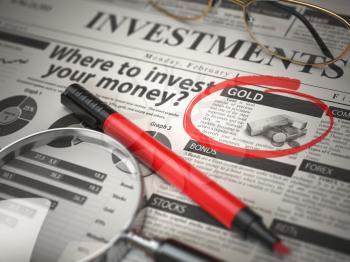 Gold is a best option to invest. Where to Invest concept, Investmets newspaper with loupe and marker. 3d illustration