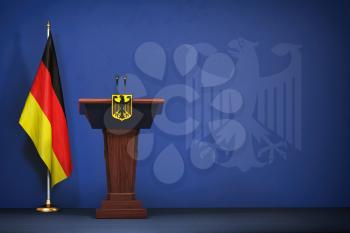 Press conference  of premier minister of Germany concept, Politics of Germany. Podium speaker tribune with Germany flags and coat arms. 3d illustration