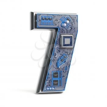 Number 7 seven, Alphabet in circuit board style. Digital hi-tech letter isolated on white. 3d illustration