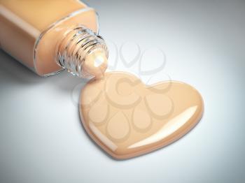 Liquid makeup foundation cream in form of the heart symbol and glass bottle. 3d illustration