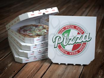 Pizza boxes with pizza  on vintage wooden planks. 3d illustration