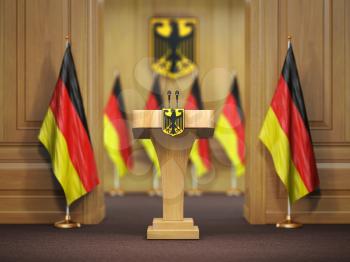 Press conference or briefing of premier minister of Germany concept,. Podium speaker tribune with Germany flags and coat arms. 3d illustration