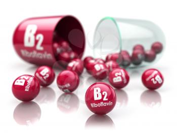 Vitamin B2 capsule. Pill with riboflavin. Dietary supplements. 3d illustration